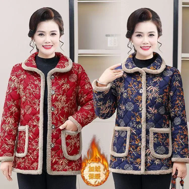 中老年妈妈棉衣女装加绒时尚棉服加厚碎花保暖冬季棉袄外套新款