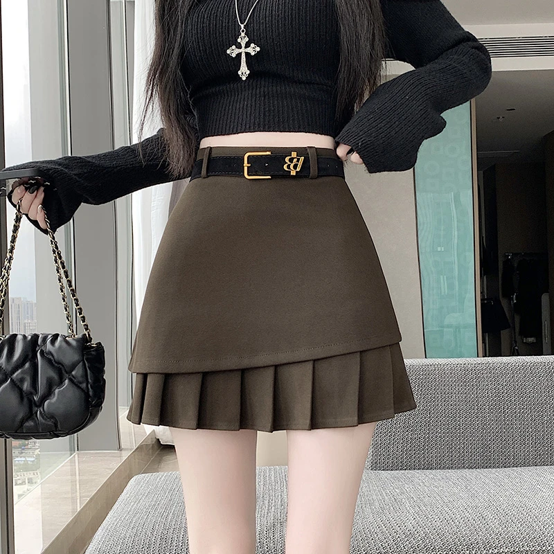 2025秋冬季新款时尚毛呢设计感显瘦高腰百褶防走光a字包臀半身裙