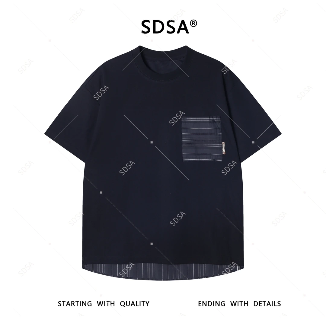 夏季高级感新款男士美式拼接口袋短袖T恤前短后长设计圆领上衣