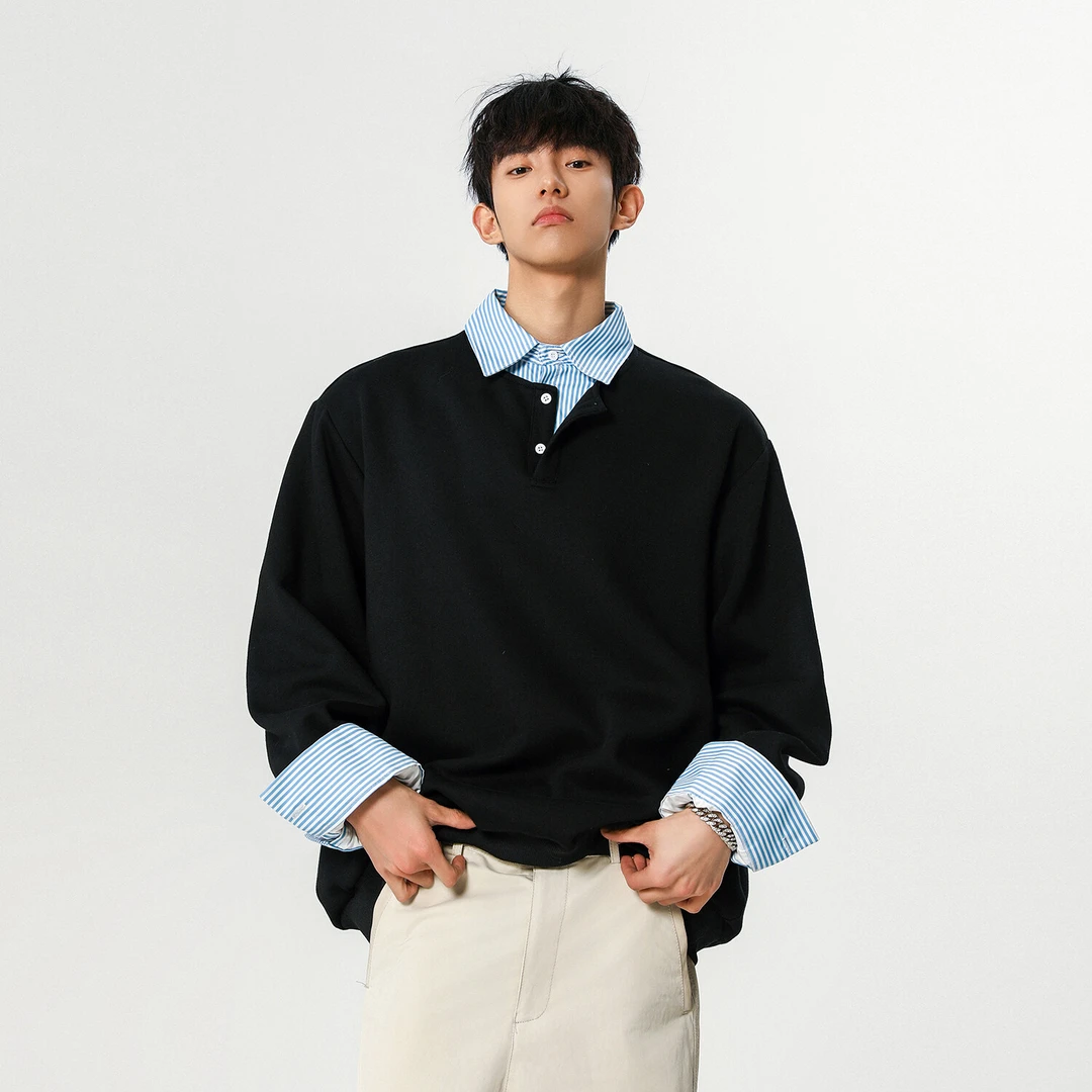 日系复古假两件衬衫领卫衣男士春秋潮牌重磅套头长袖宽松情侣外套