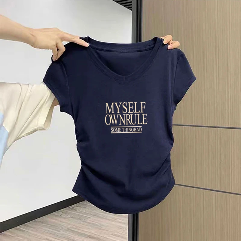 2025新款正肩V领纯棉女t恤短袖设计感小众收腰显瘦藏青色上衣夏季