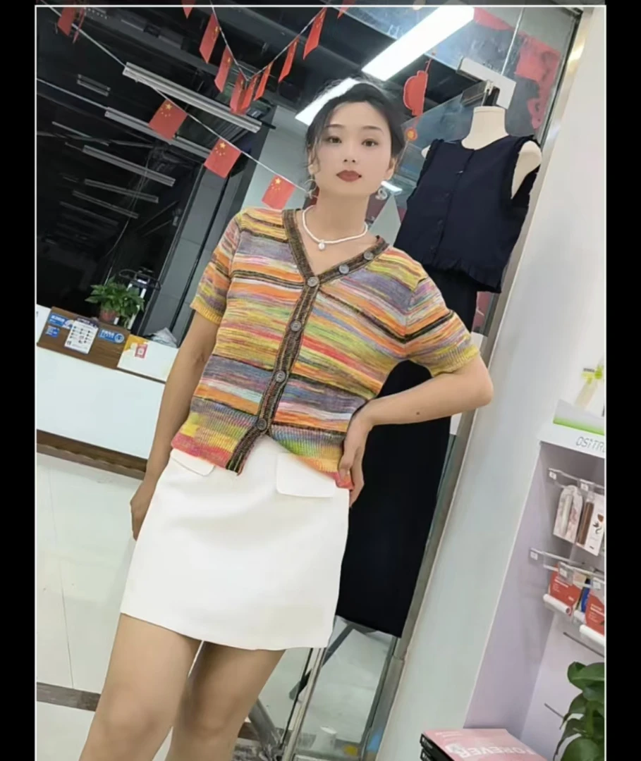 上衣女显瘦条纹彩虹百搭时尚毛针织衫常规款套头款7110-7111