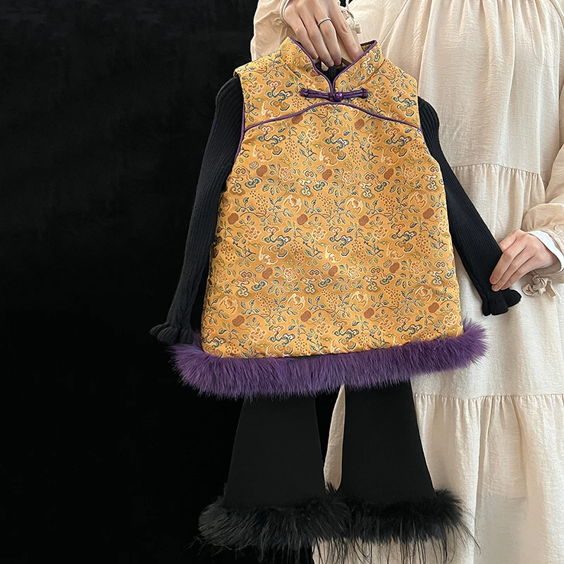 女童夹棉马甲国潮新款新儿童中式旗袍秋冬上衣宝宝中国风拜年服