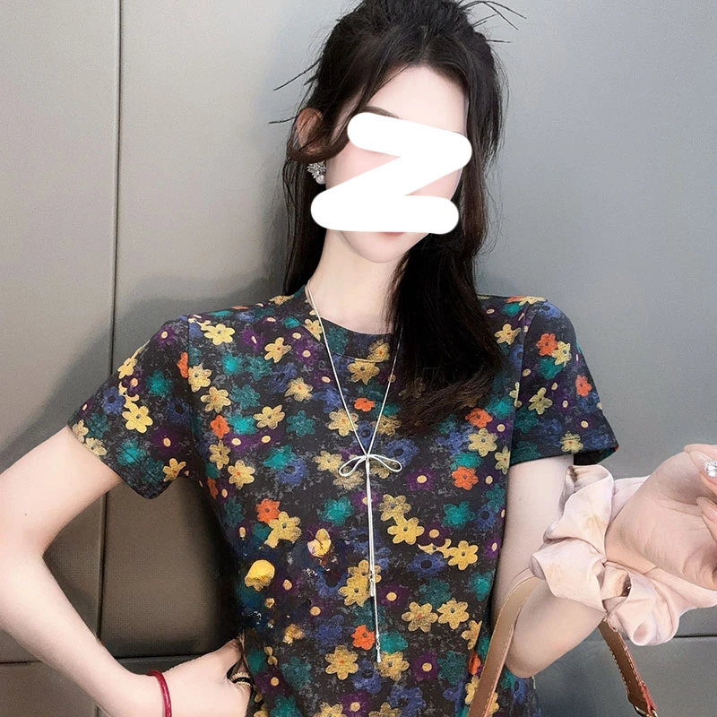 韩系甜美碎花短袖T恤女2025夏季新款正肩圆领显瘦小个子半袖上衣