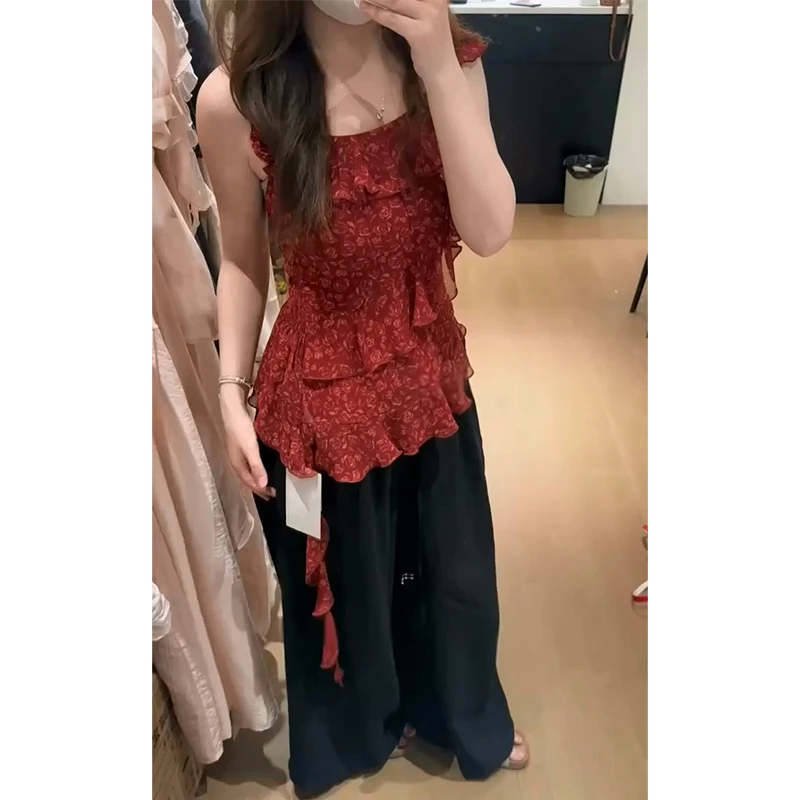 2025夏季新款女法式气质荷叶边碎花吊带上衣百搭高腰显瘦阔腿长裤