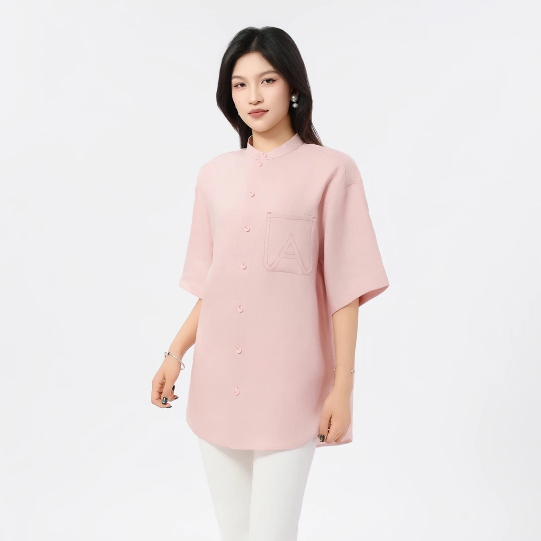 AMASS/阿玛施 新款时尚亚麻短袖衬衣小立领百搭气质衬衫530060