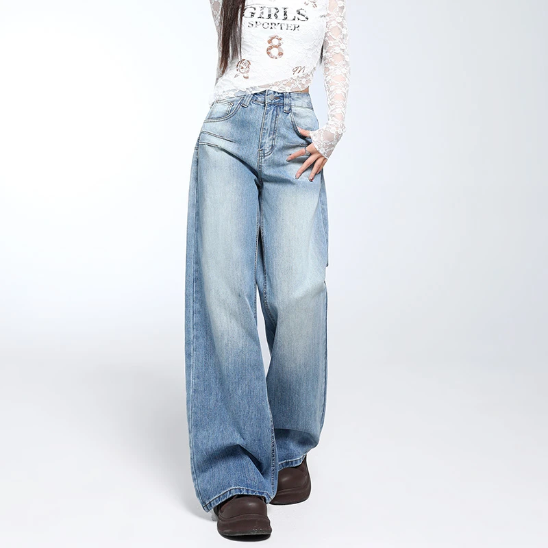 ZZR潮流时尚新款复古宽松显瘦直筒牛仔裤女绣花垂感阔腿裤子