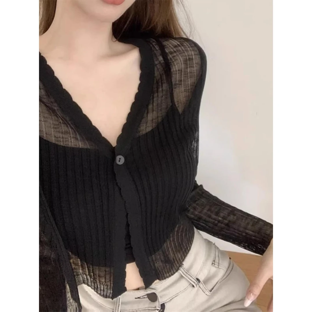 薄纱冰丝雪纺针织防晒开衫女夏吊带外搭空调衫罩衫小披肩短款上衣