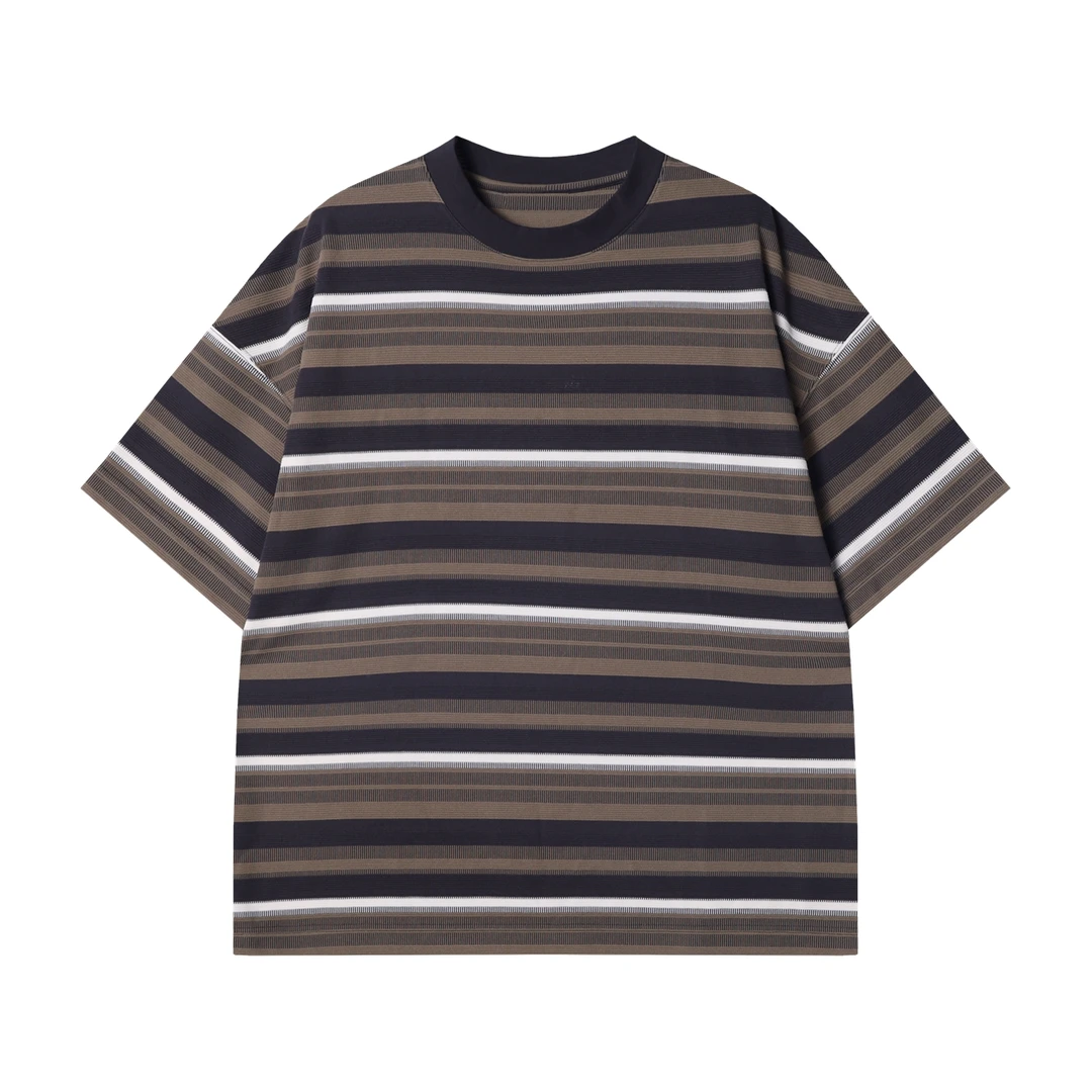 夏季高级感新款美式撞色横纹圆领短袖T恤宽松潮流条纹复古上衣