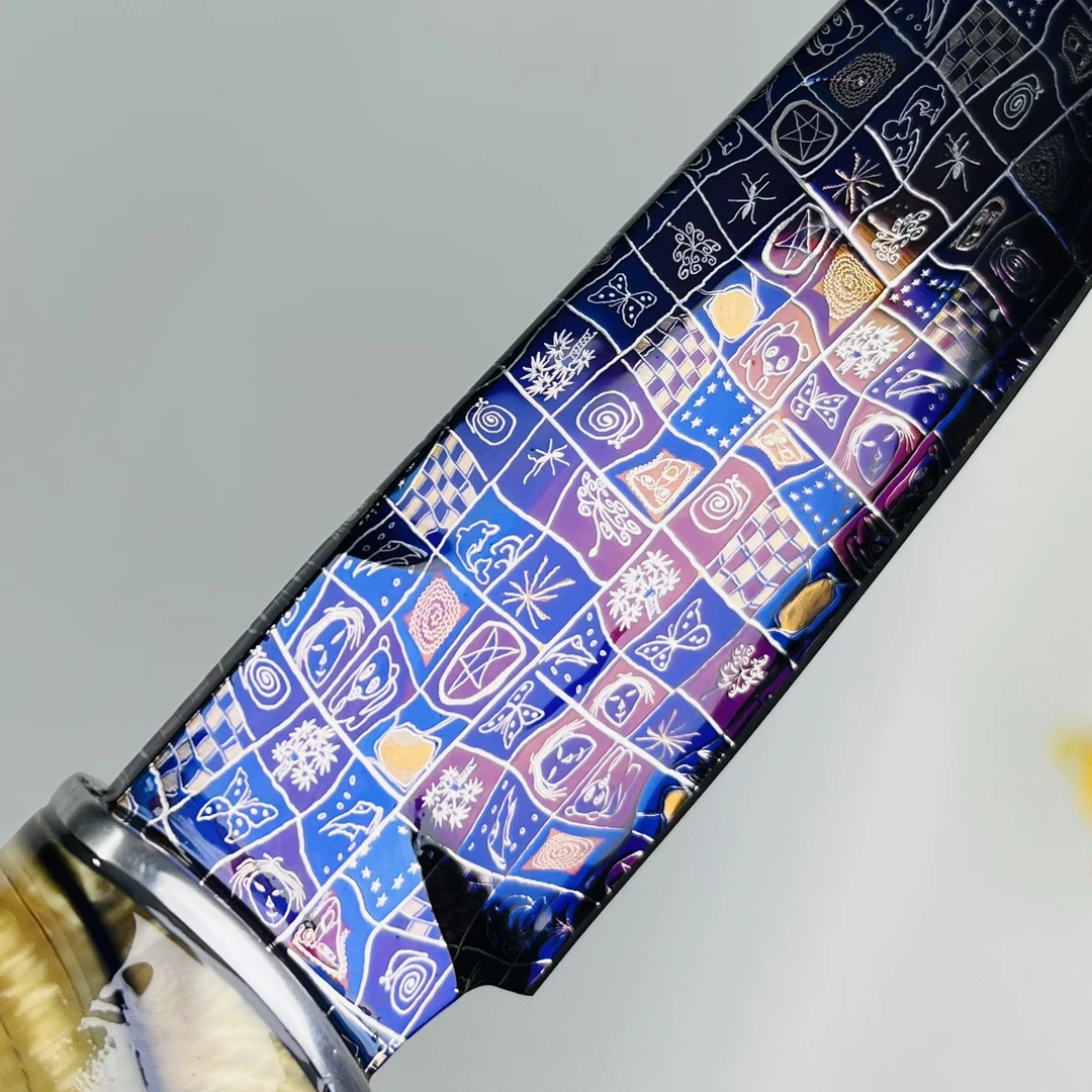 黔叶刀匠人脸纹大马士革钢刀高端收藏小猎直刀