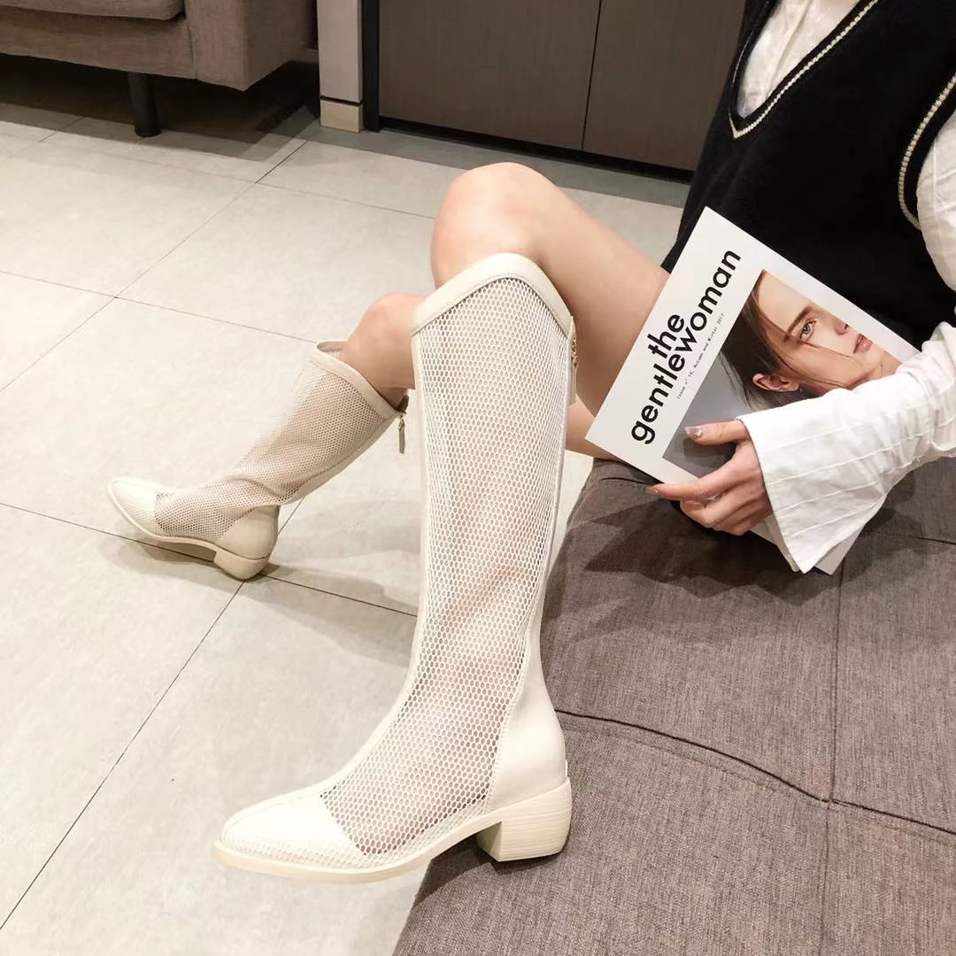 时尚镂空罗马网靴9907长筒粗跟英伦百搭夏季透气高跟骑士尖头