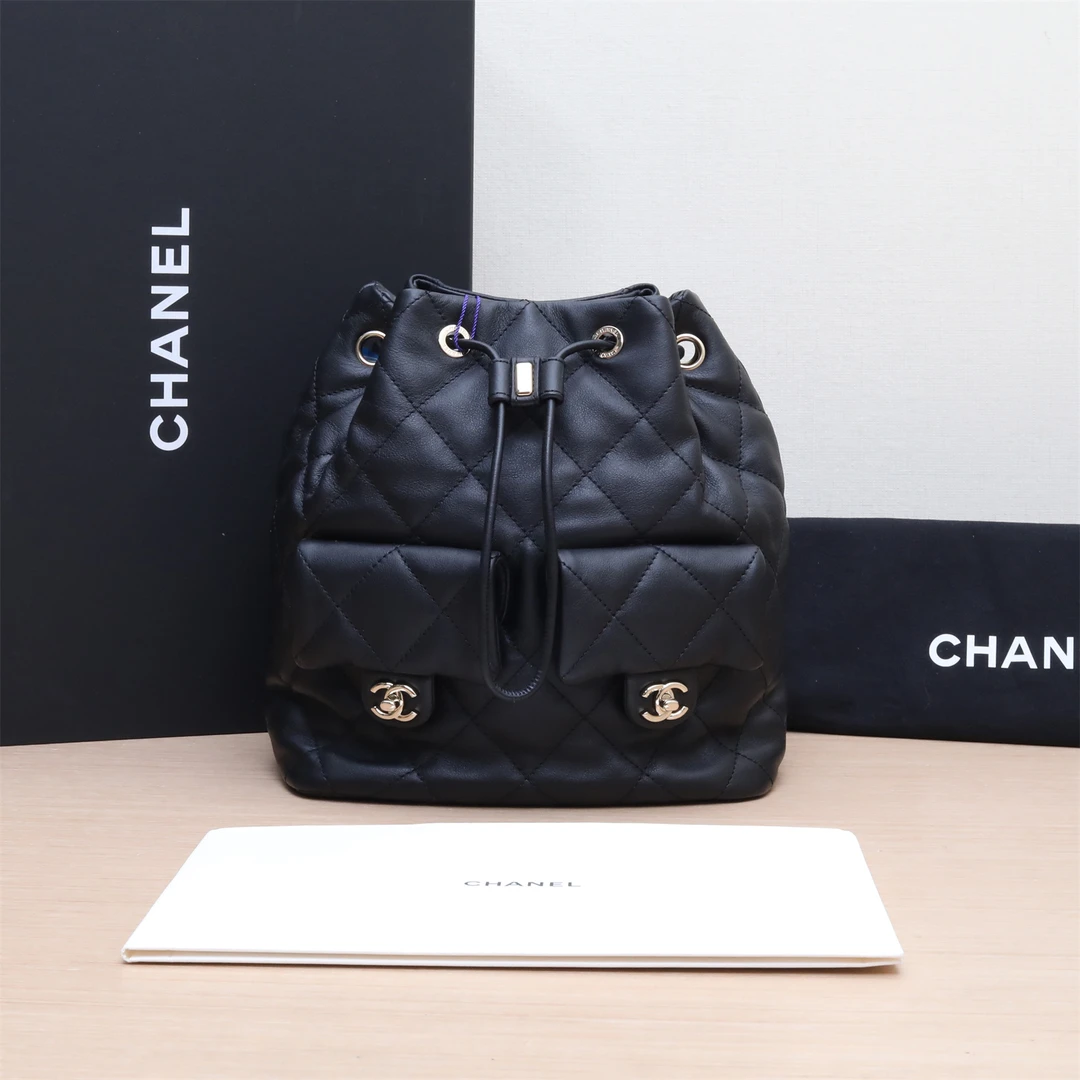 99新 Chanel/香奈儿 xf-100 双双 23B 无盖 双肩包 黑色 芯片开