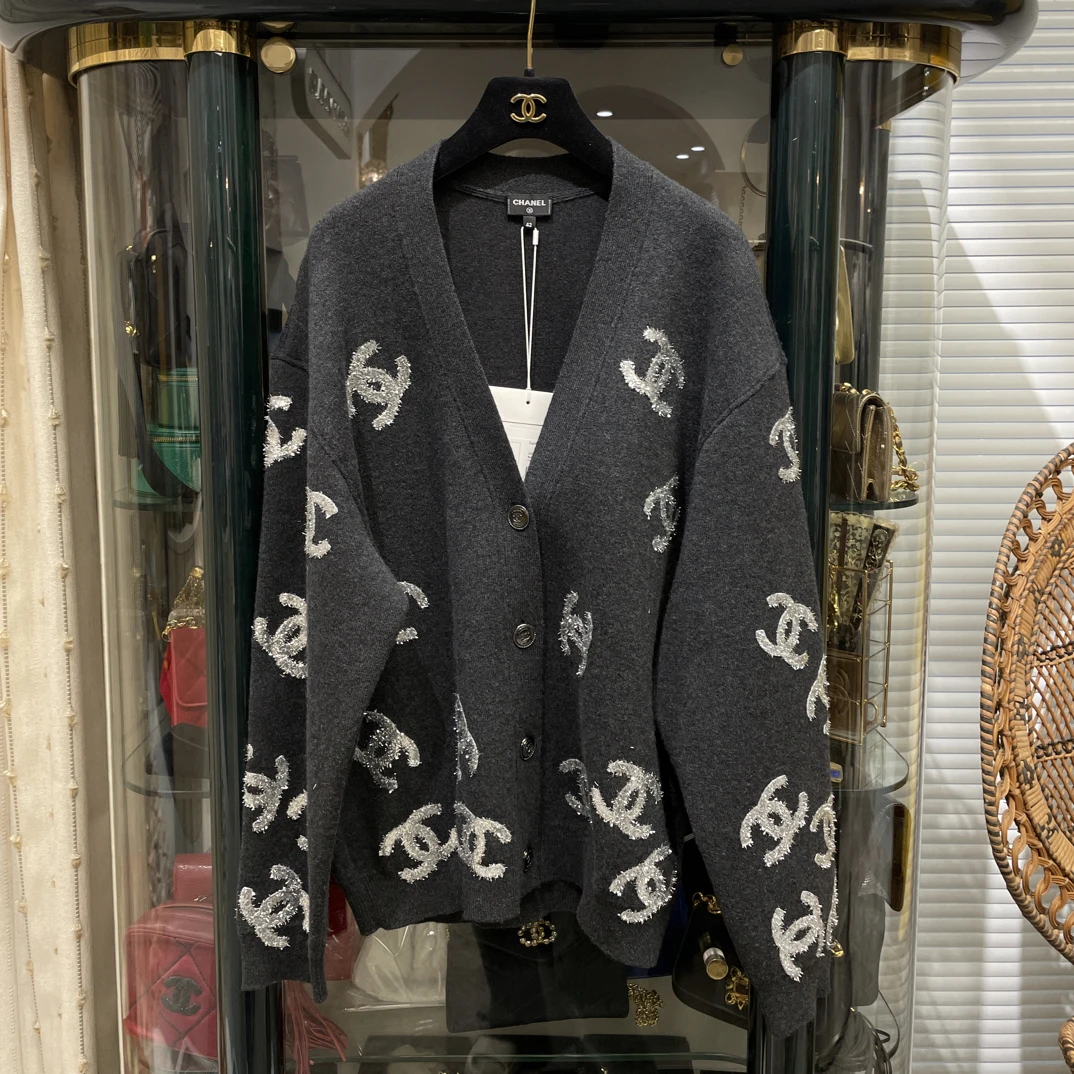 99新 Chanel/香奈儿 22A黑银流苏CC针织开衫外套42码 未使用