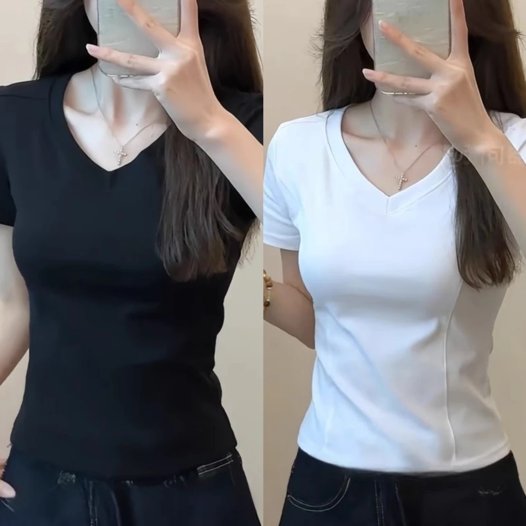 V领鱼骨白色短袖打底衫女春夏内搭t恤修身显瘦正肩设计感低领上衣