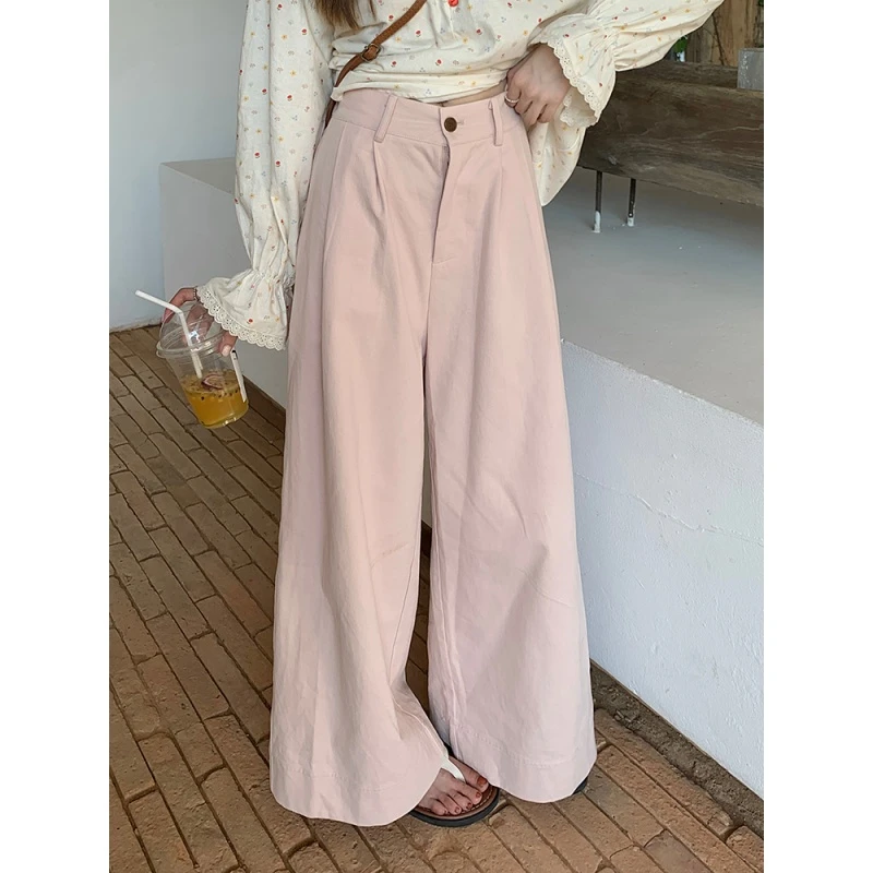 乌77美式复古高腰后松紧阔腿裤女韩版宽松显瘦通勤百搭休闲裤春季