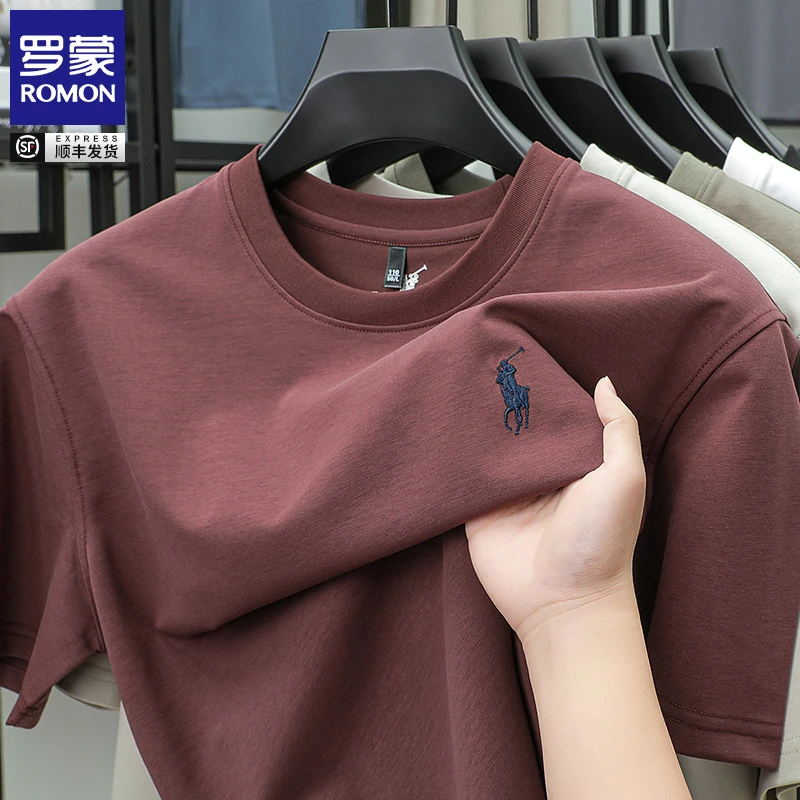 罗蒙夏季T恤男新款高档纯色刺绣圆领上衣含棉休闲宽松男士t恤短袖