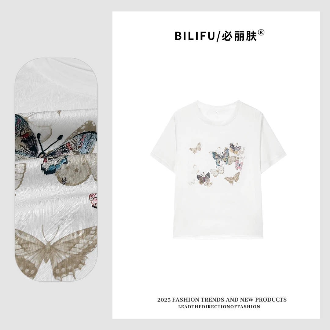 BILIFU/必丽肤 TZ 蝴蝶印花AB面T恤春夏百搭桑蚕丝圆领上衣8957