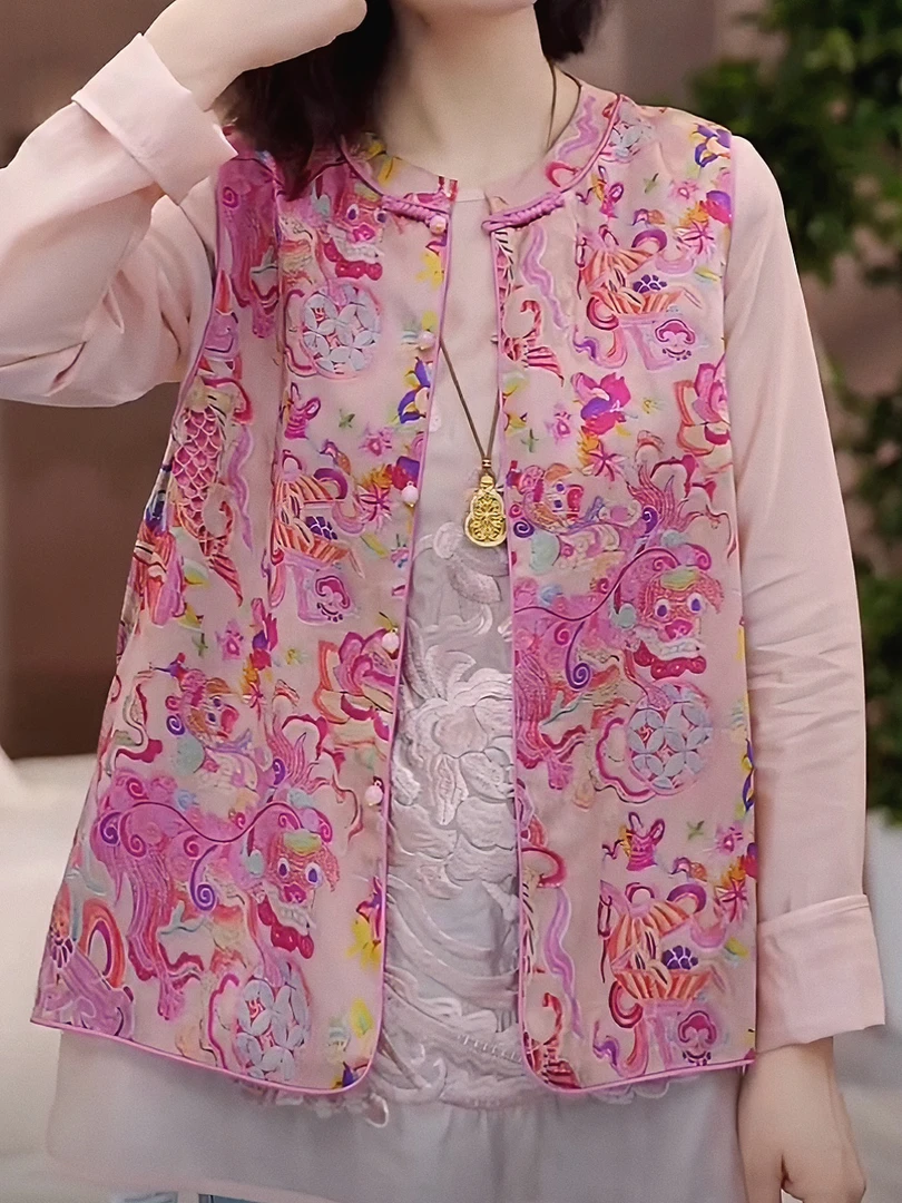 [捡漏款]提花缎面马甲女重工盘扣2025春秋款新中式国风圆领上衣