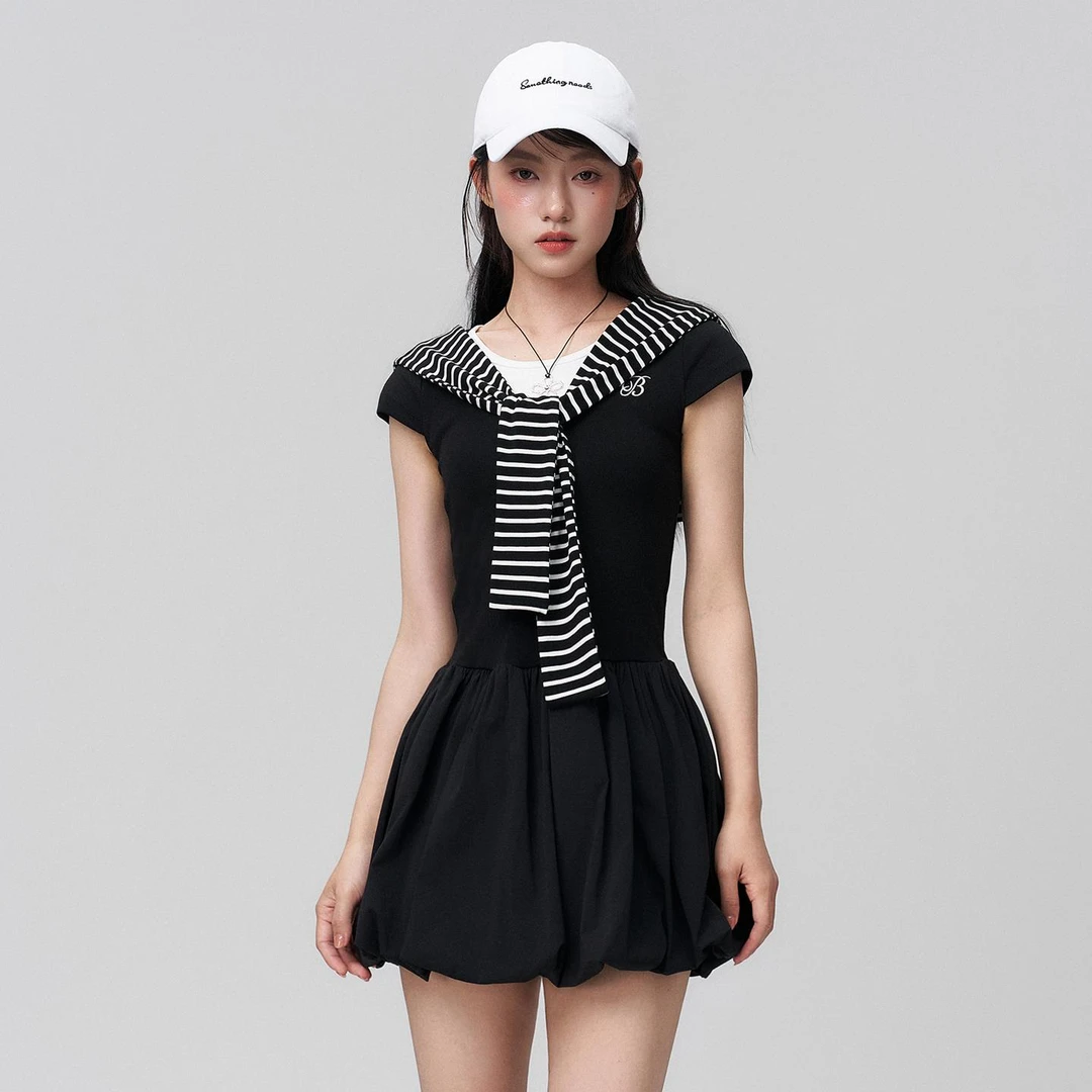 BUBBLELEY夏季假两件连衣裙收腰拼接针织配坎肩短袖a字披肩短裙