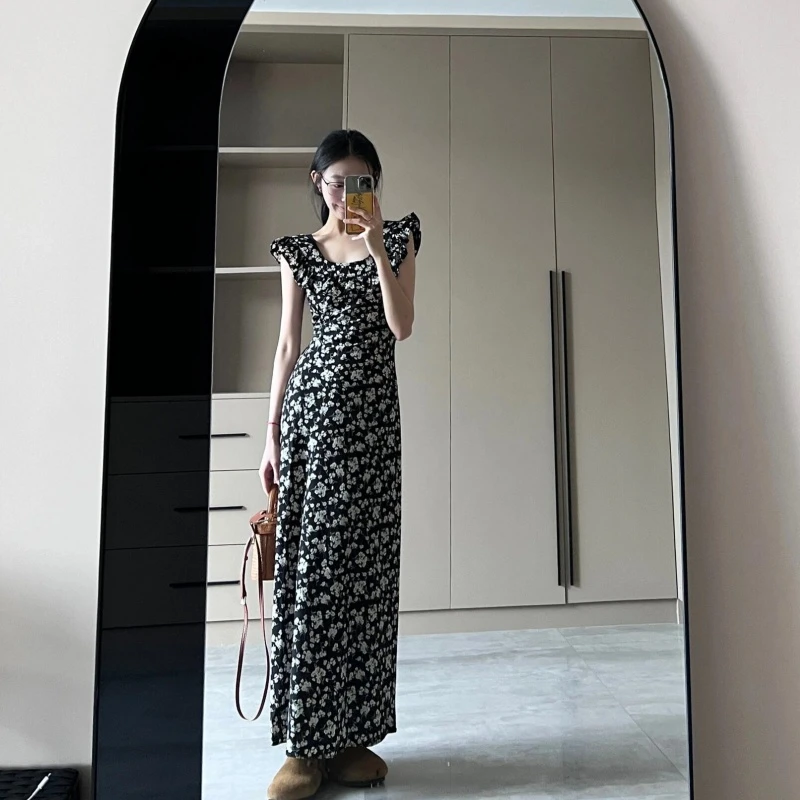 黑色碎花连衣裙女夏季2025小飞袖茶歇法式赫本风长裙高个子加长裙