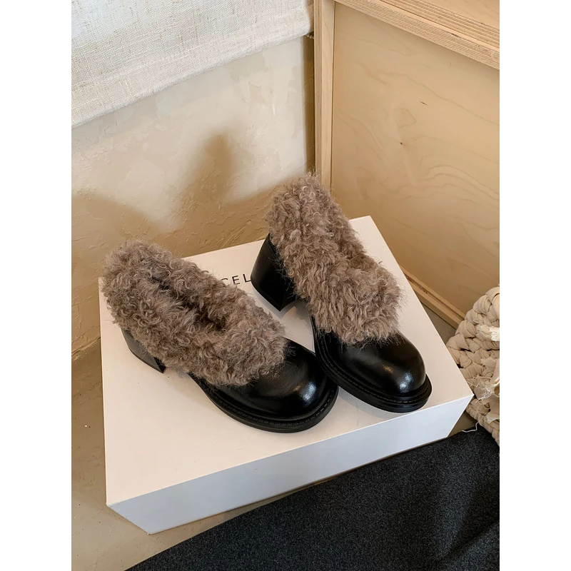 【Lemon】时尚小众圆头复古加绒法式厚底英伦风浅口毛毛单鞋6cm