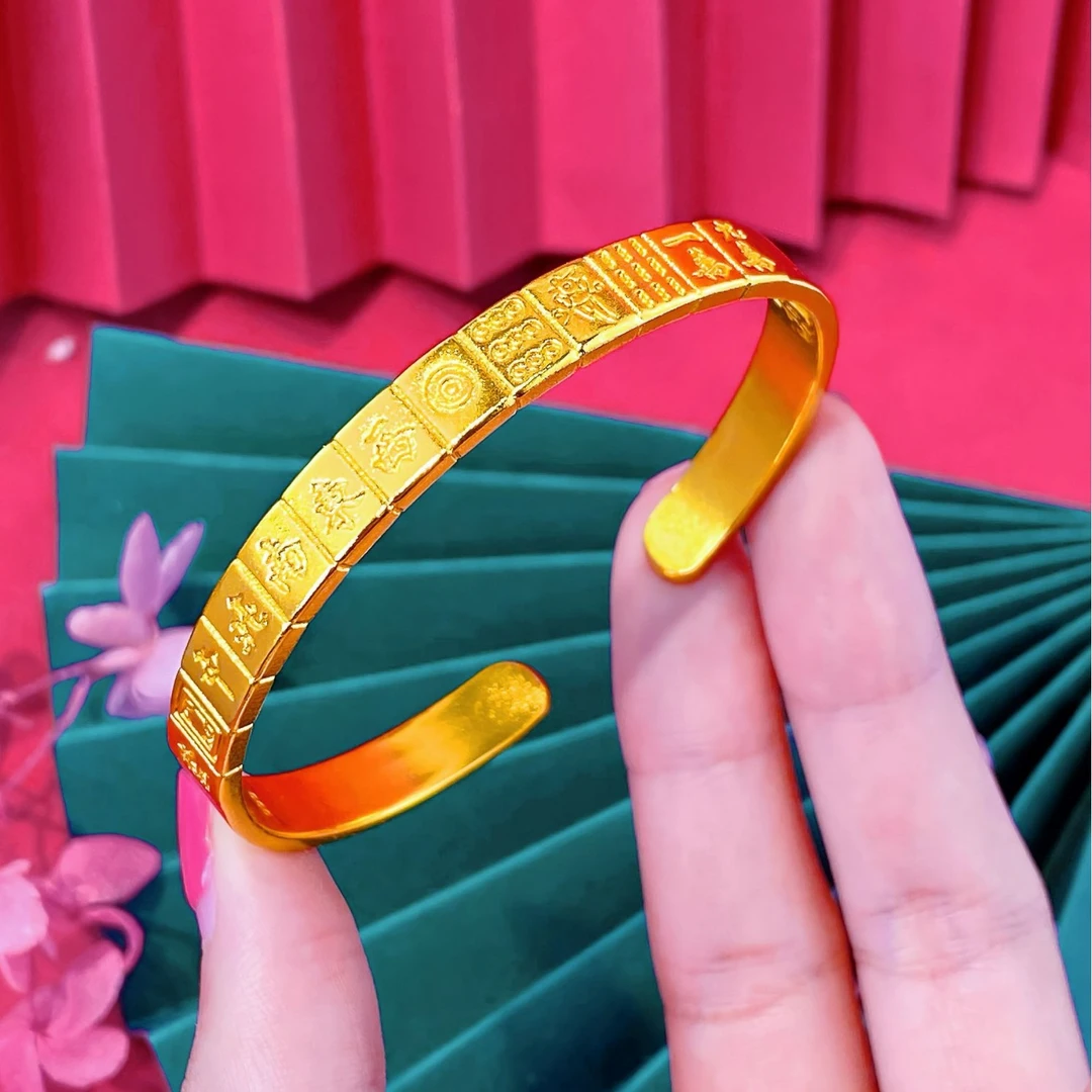 铜合金手镯 开口麻将手镯高级感錾刻胡杠上中式十三幺个性手镯