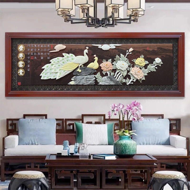 80*220实木双框纯手工雕刻天然玉雕画装饰画适合多场景