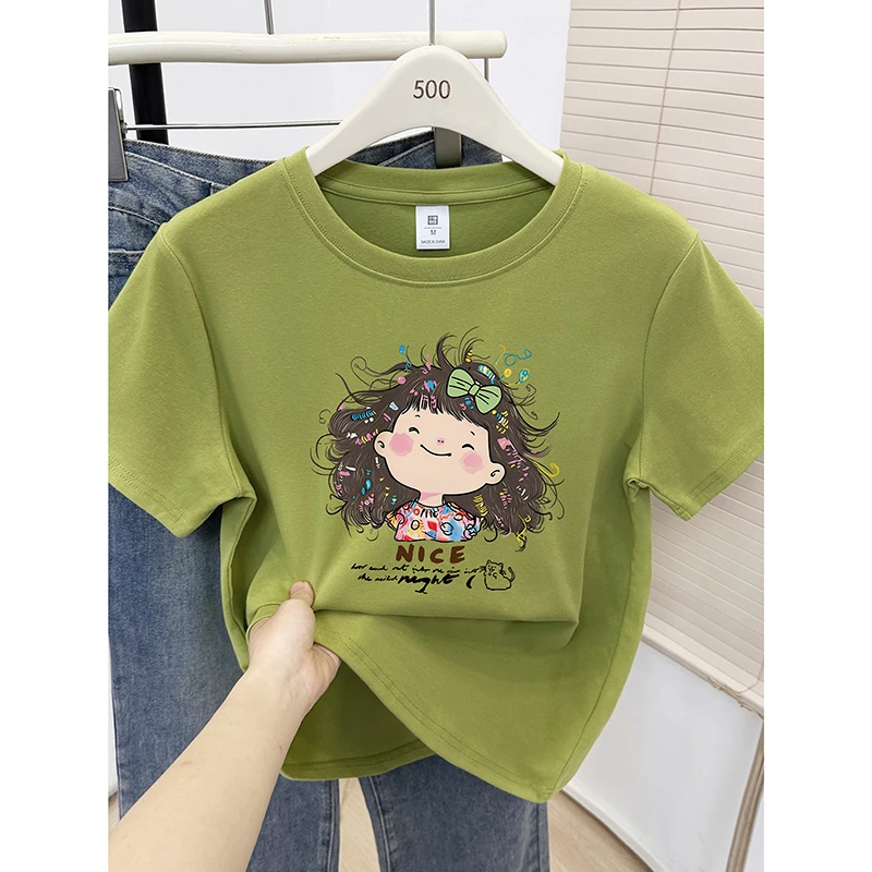 小女孩圆领正肩短袖T恤女夏季2025新款时尚大码卡通印花休闲上衣