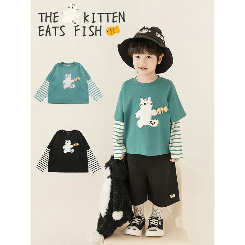 YOEHYAUL/幼悠【清货】【馋嘴猫】贴画玩偶小鱼条纹袖假两件T恤N5828