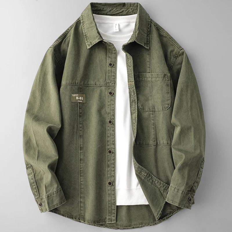 DeweLvum潮牌厚款牛仔长袖衬衫男款复古宽松纯棉水洗衬衣外套男装