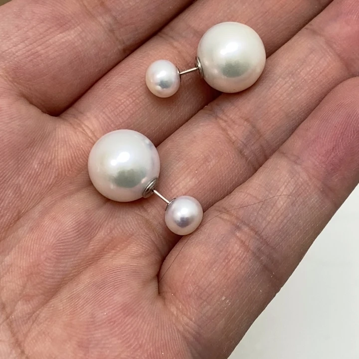 快***羊银S925镶嵌淡水珍珠13+7m双珠耳钉一对