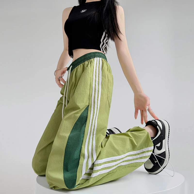 2025春夏新款条纹速干女直筒休闲卫裤登山冲锋美式阔腿裤