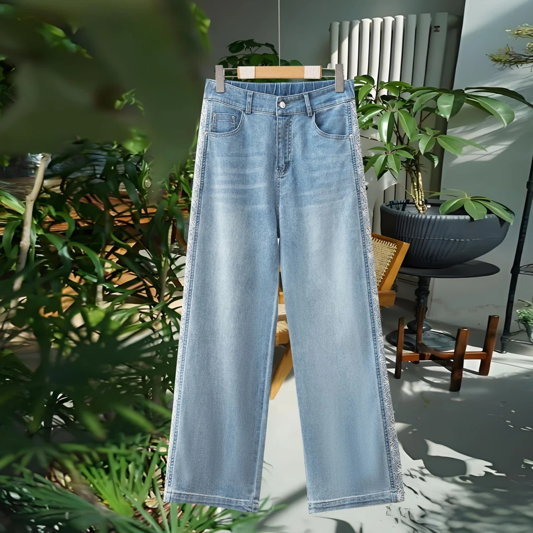 【姚姐定制】Y319春季新款双侧边洋气蕾丝拼接时尚百搭九分中直筒裤