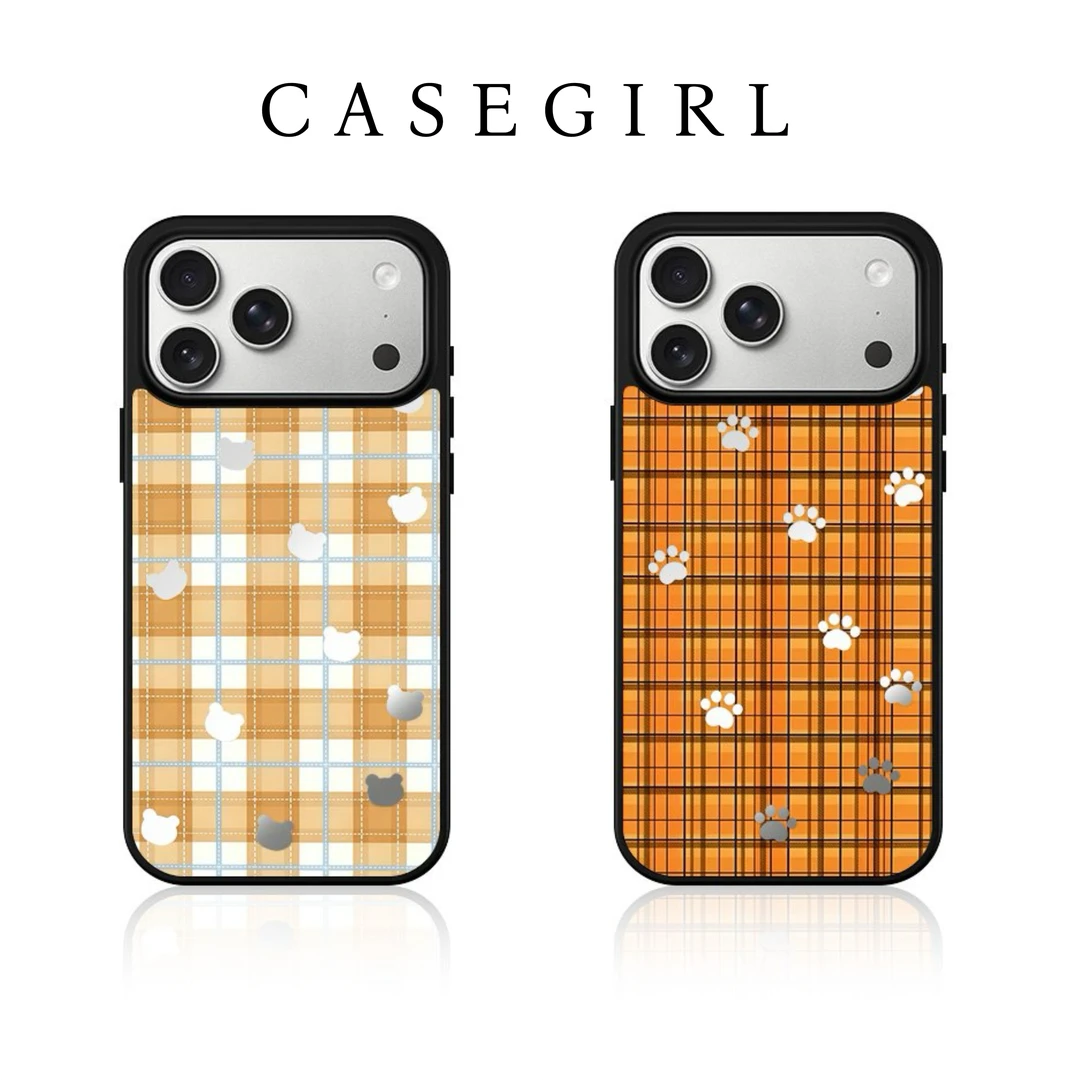 秋冬复古格纹小熊适用苹果17pro华为OPPO小米VIVO荣耀镜面手机壳