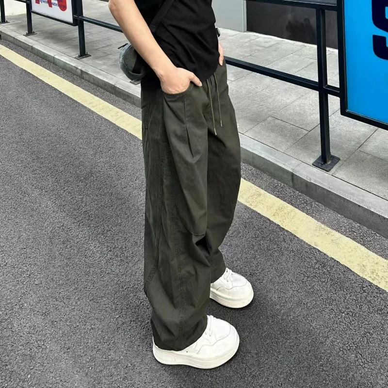 QUALCOMM潮流美式拼接褶皱伞兵工装裤男士秋季宽松直筒休闲长裤子
