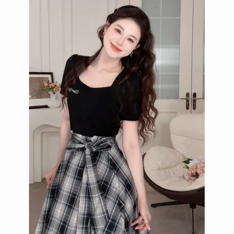 鹿向南【邂逅巴黎】新款夏季气质连衣裙收腰显瘦休闲格子假两件长裙