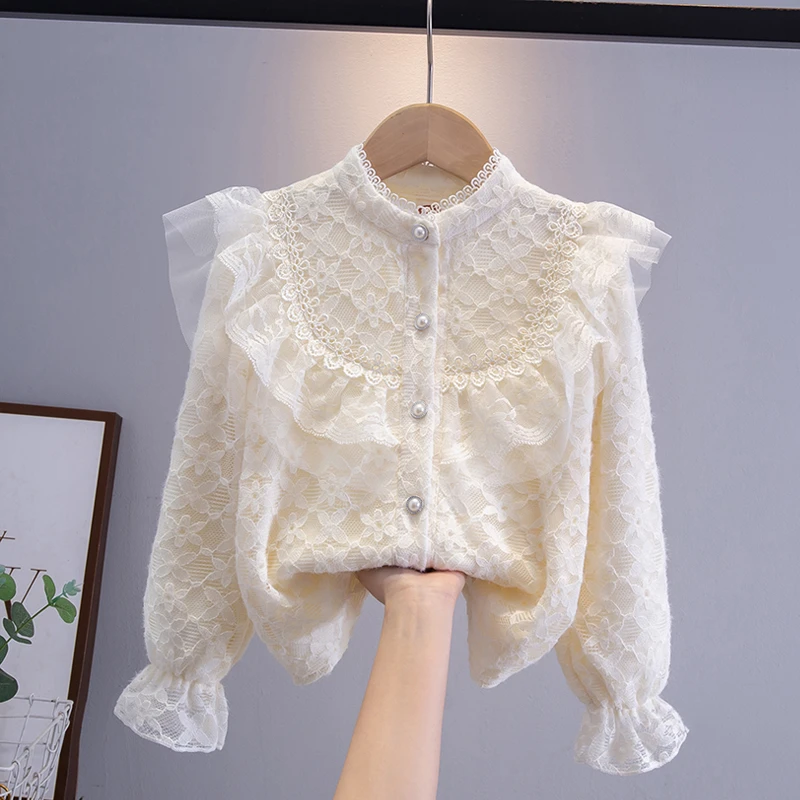 女童加绒衬衫2025新款韩版秋装娃娃衫衬衣儿童蕾丝打底上衣春秋款