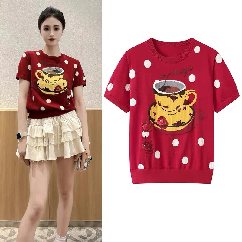 2225原单商场同款小众设计师款红色白圆点咖啡图案短袖针织衫