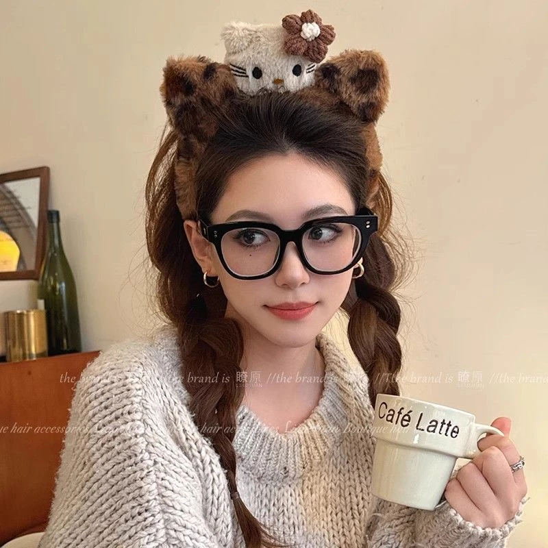 可爱小野猫~韩国豹纹毛绒洗脸发箍女2025新款高级感发饰防滑头箍