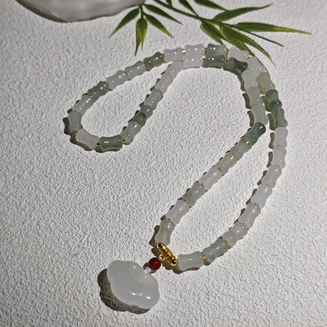 天然玉石 新疆天山冰飘花精美竹节祥云锁妈妈链（多样性发货）T123