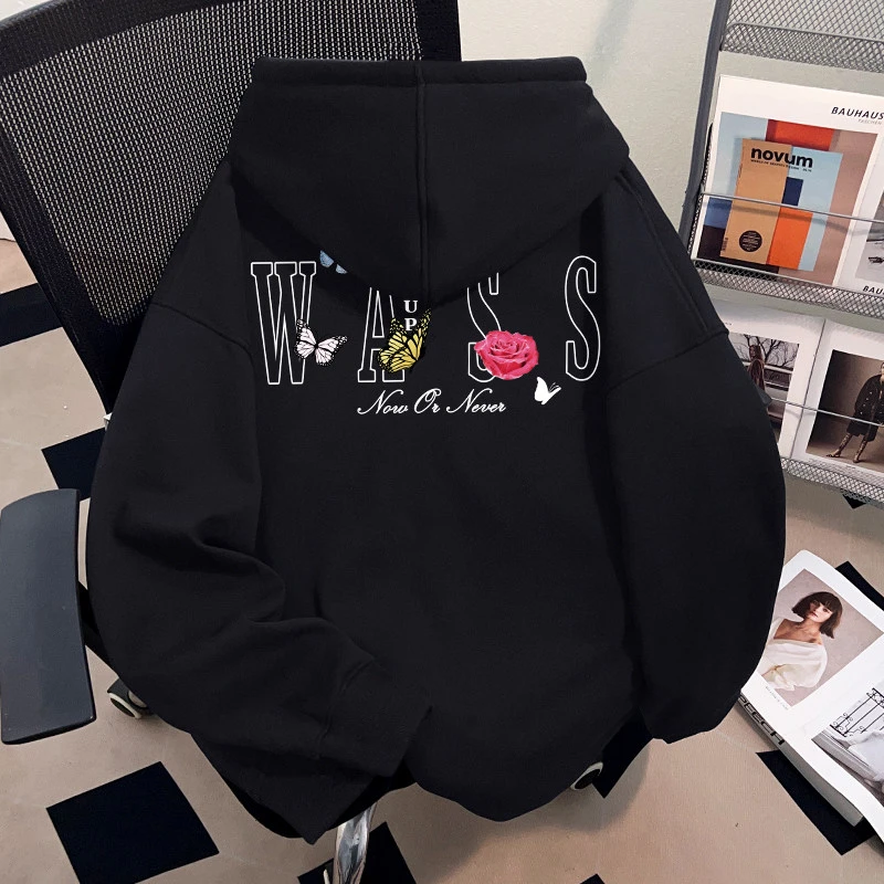 WASSUP HSUBE设计感美式潮套头连帽黑色卫衣潮流百搭慵懒宽松上衣