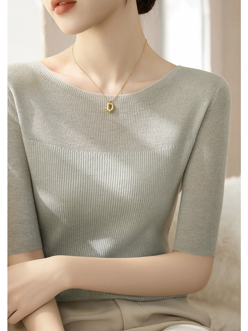 一字领套头修身显瘦五分袖t恤针织衫女春夏季简约百搭薄款上衣潮