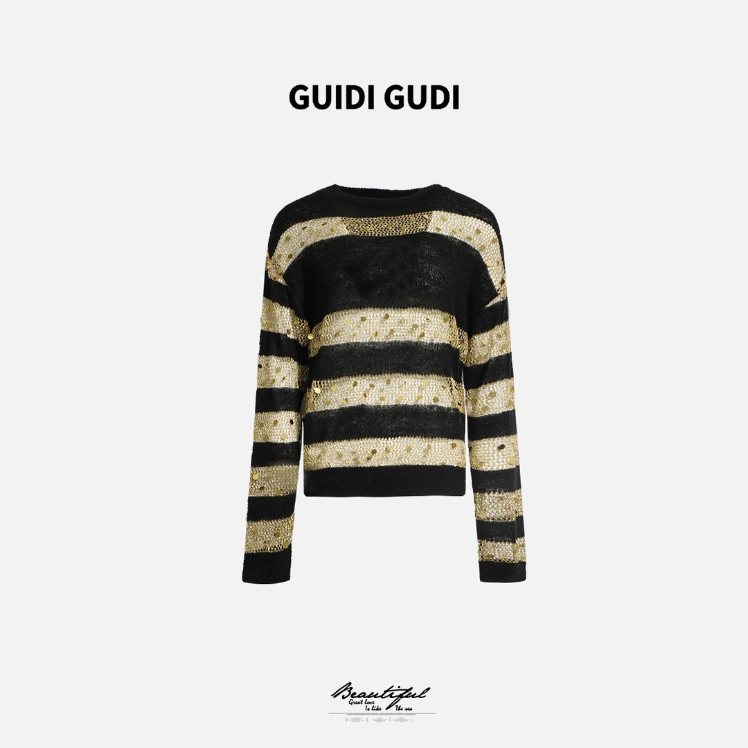 GUIDI GUDI【闪闪夹心】马海绵羊毛长袖套头毛衣/黄加蓝