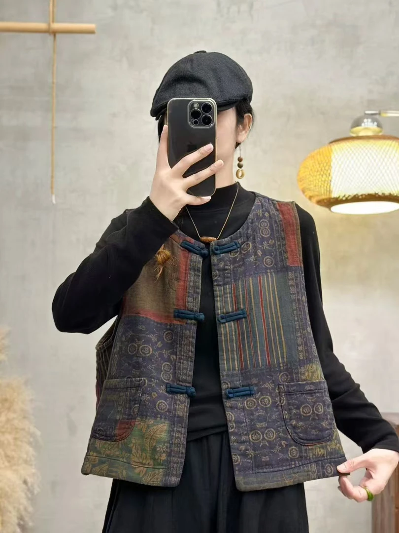 做旧花格纹印花春秋款女马夹坎肩圆领复古盘口常规款