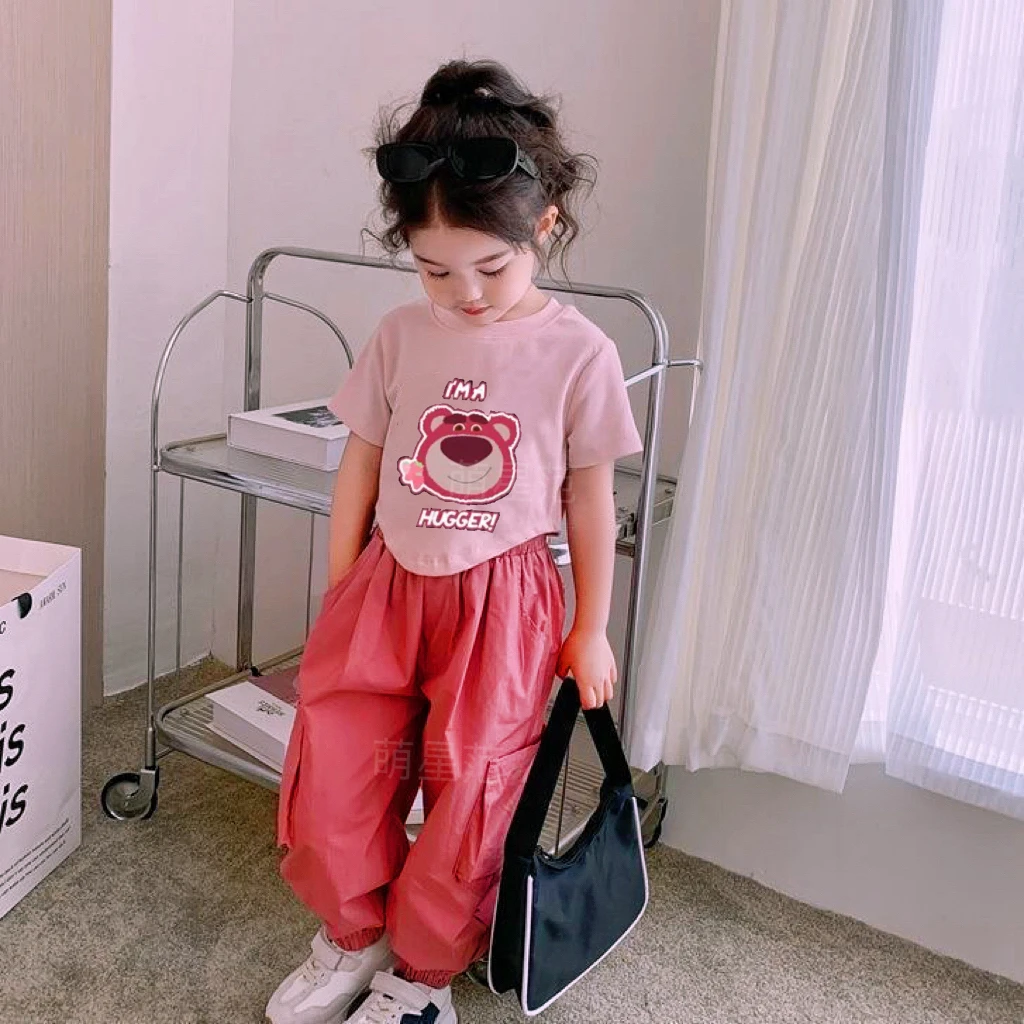 2025年新款女童草莓熊休闲风夏季时尚儿童装T恤女装两件套装
