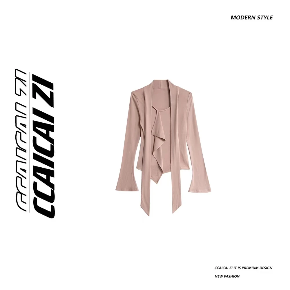 【粉影柔缠】荷叶边飘带设计显瘦修身圆领内搭上衣87530