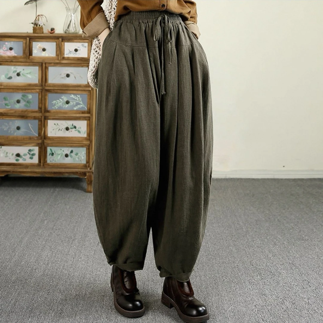 @复古纯色苎麻哈伦裤宽松显瘦带子裤子 MGF151