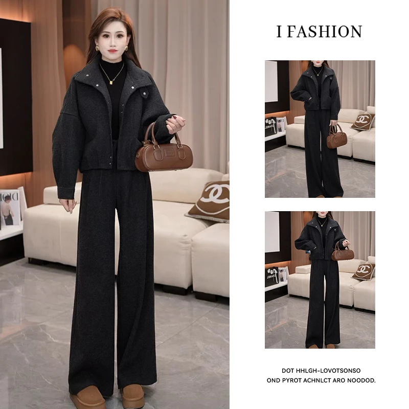 2025秋冬季新款气质翻领厚款时尚简约毛呢夹棉外套+裤子套装女士