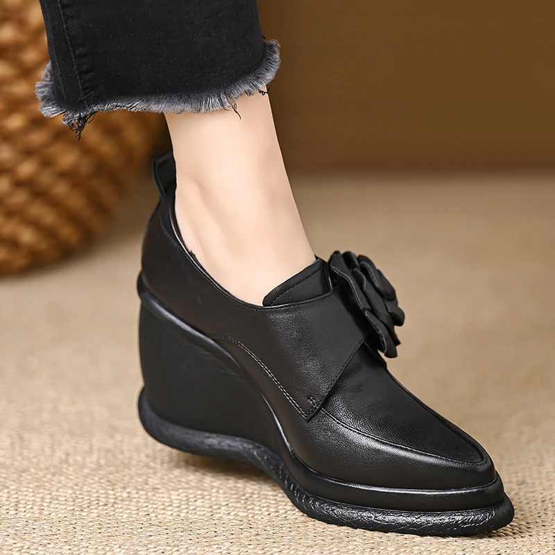 玥小姐女鞋9厘米羊皮厚底深口魔术贴增高坡跟小个子玫瑰花单鞋女