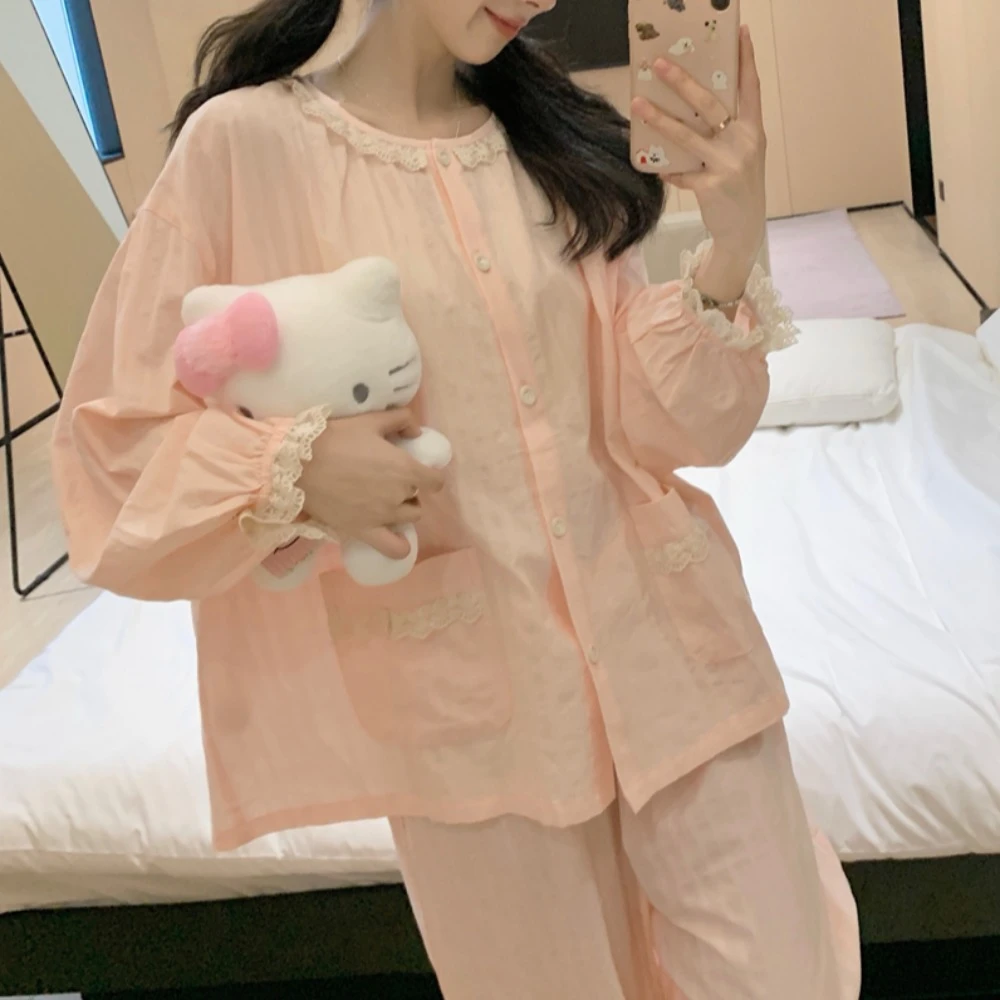 睡衣女春秋粉嫩可爱长袖长裤甜美宽松薄款可外穿女士家居服套装女
